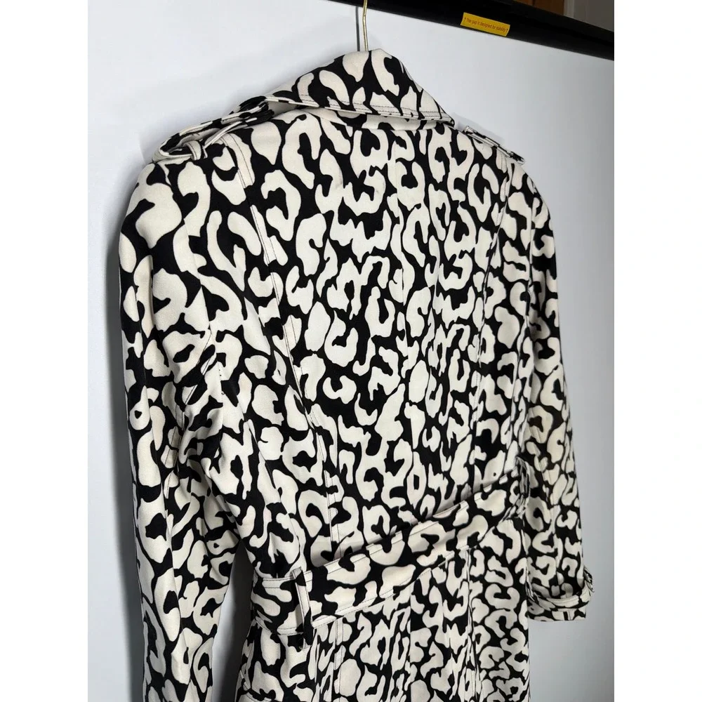 Alberto Makali Black White Leopard Print Belted Trench Coat Lined Size 8